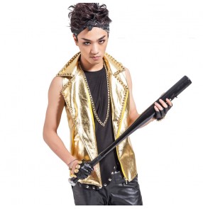 Gold pu leather lapel rivet men's male mans hip hop fashion performance jazz punk rock singer drummer club bar dancing waistcoat  vest coat 